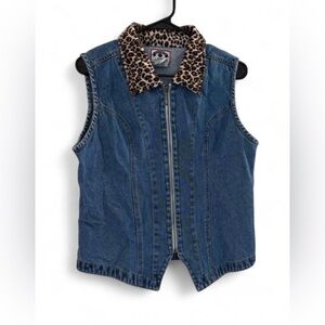 Vintage 90s Solutions Blues Leopard Print Collar Denim Vest - Medium
